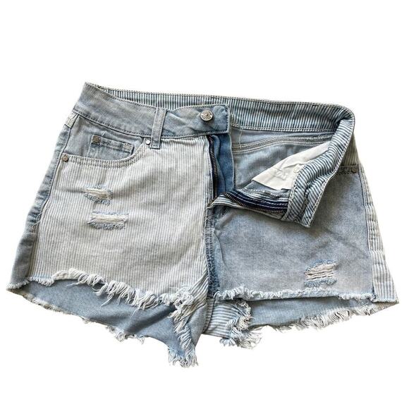 Rewash Size 3/26 High Rise Denim Shorts | Patchwork Striped, Distressed, Raw Hem - Picture 1 of 4